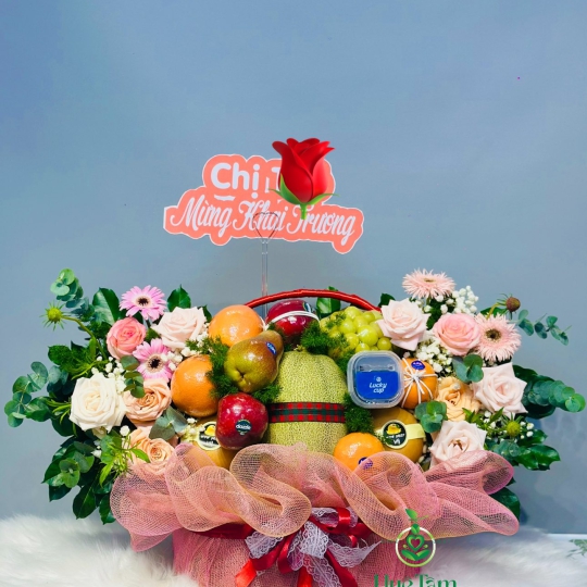 GIỎ HIỆN ĐẠI TRANG TRÍ HOA 2 BÊN TONE HỒNG 