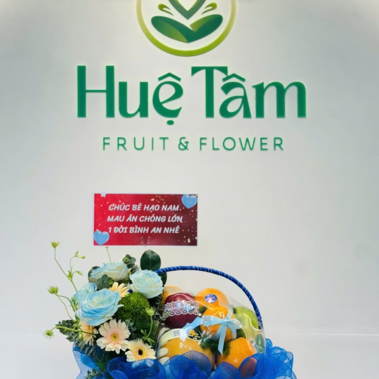 Giỏ quà trái cây trang trí hoa 1 bên tone xanh 