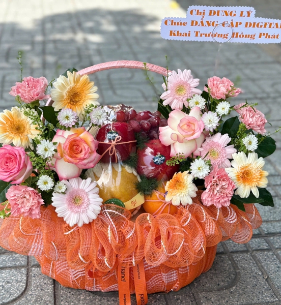 🧡🌸 Giỏ Trái Cây Hoa Tươi – Hồng Đào Khai Lộc